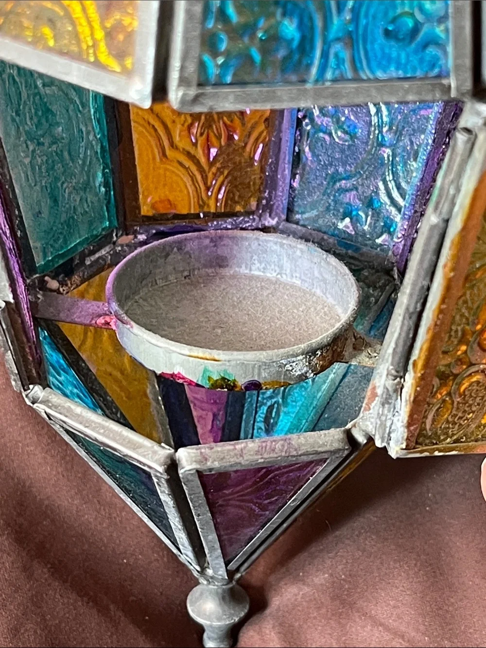 Antique Multicolor Stained Glass Hanging Lantern - Teal, Purple, Gold